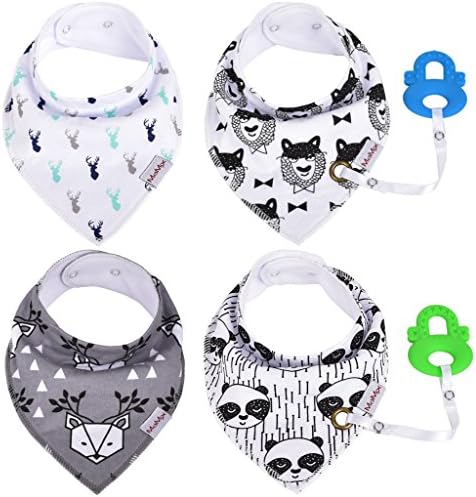 Baby Bandana Drool Bibs 4 Pack and 2 Silicone Teethers for Drooling and Teething, Soft, Absorbent, 100% Organic Cotton, Unsiex, Gift Set for Boys and Girls, by MaMix