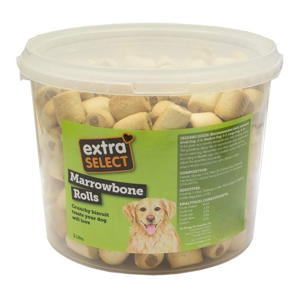 Extra Select Marrowbone Rolls Crunchy Dog Biscuits & Snacks - Marrowbone Puppy Treats & Bedtime Biscuits for Dogs - 3 Litre Resealable Tub