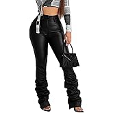GUOLEZEEV PU Solid Middle High Waist Stacked Pants for Women Faux Leather Ruffle Ruched Bottom Leggings Pants