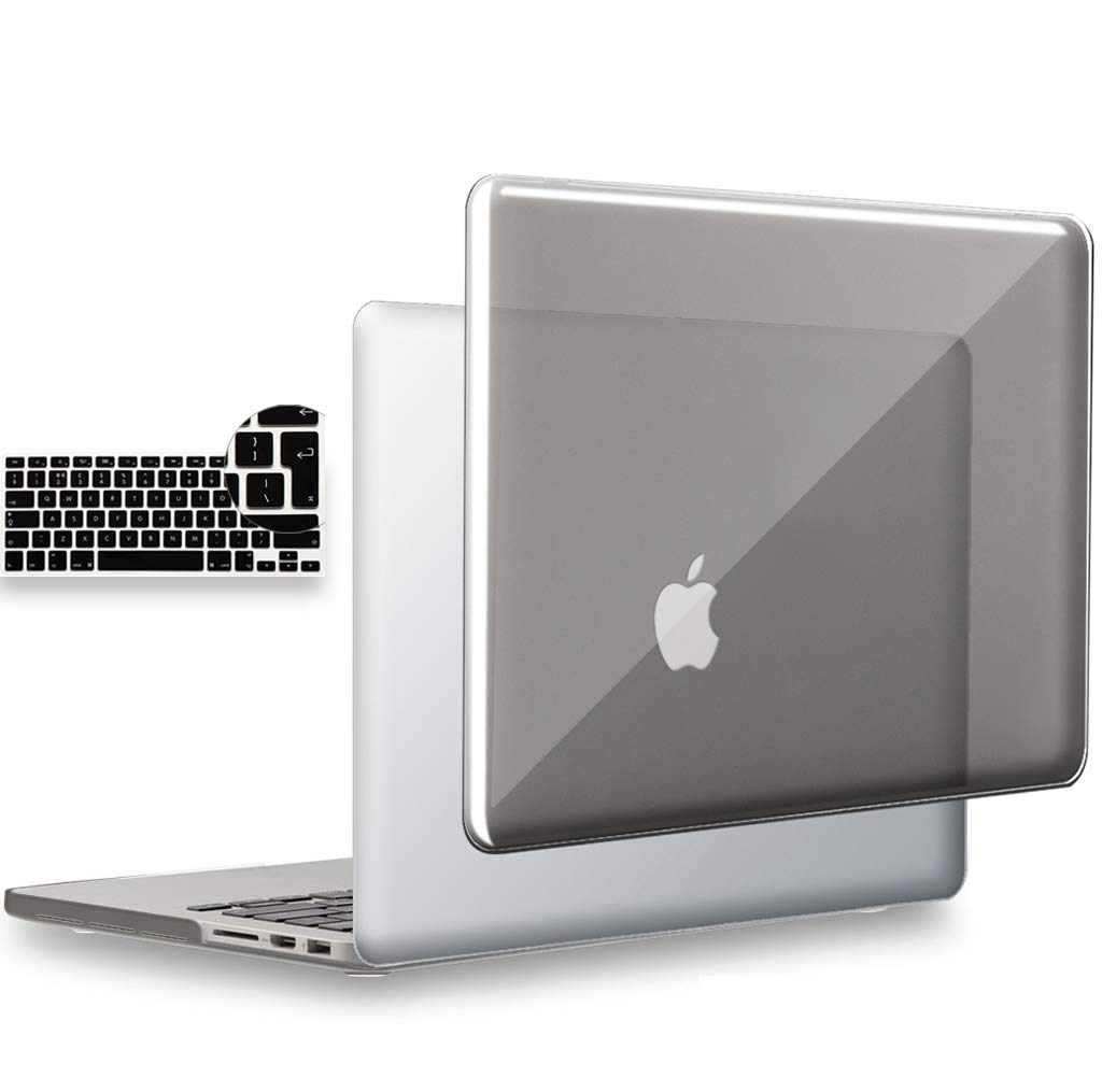UESWILL 2in1 Glossy Crystal Clear Hard Shell Case with EU/UK Version Silicone Keyboard Cover Compatible with MacBook Pro 13 inch with Retina Display (A1502/A1425) + Microfibre Cleaning Cloth, Gray