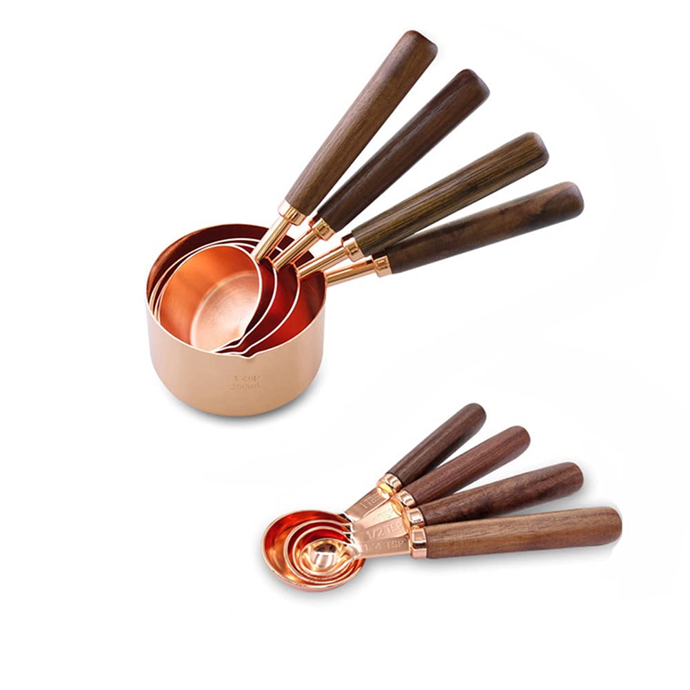 Alnicov Set of 8 Piece Measuring Cups and Spoons,Stainless Steel Rose Golden Measuring Spoons with Walnut Handle for Kitchen Dry and Liquid Ingredients