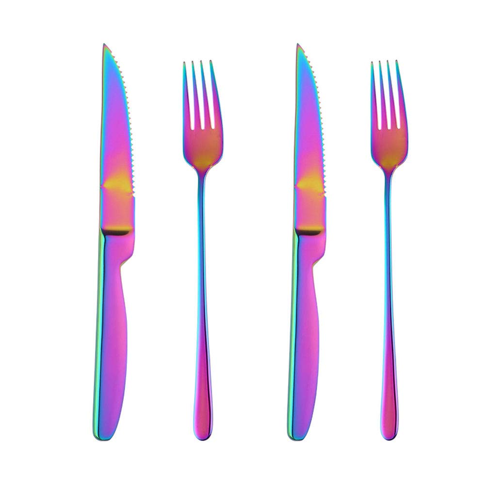 BISDARUN Rainbow Steak Knives and Forks Set - Serves 2, Stainless Steel Dinner Forks X2, Steak Knives X2, Dishwasher Safe