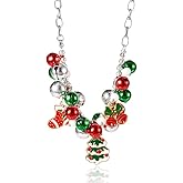 Cykdohy Dainty Christmas Tree Pendant Red Green Jingle Bells Baeded Necklace for Women Statement Creative Stocking Bow Bell Charm Adjustable Choker Xmas Party Holiday Festive Jewelry Winter Accessory