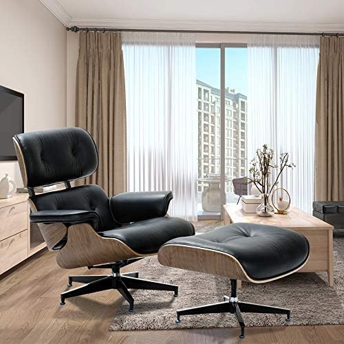 1INCH Eames Lounge Chair with Ottoman, Mid Century Modern Living Room Chair Classic Design Reclining Office Chair, Palisander Wood, Natural Leather, Heavy Duty Base Support (Black Walnut)