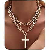 Fanquility Chunky Gold Cross Necklace for Women Layered Necklace Retro Big Gold Cross Pendant Necklace Statement Chunky Chain Choker Necklaces Thick OT Buckle Chain Long Necklace Jewelry