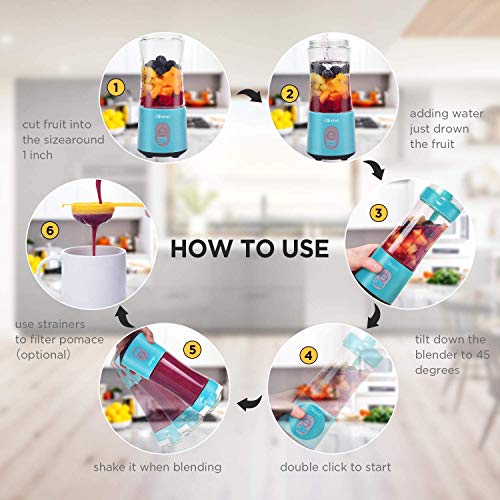 Portable Blender, Olivivi Personal Blender Bottle Mini Smoothie Blender 6 Powerful Blades, 4000mAh Rechargeable USB Juicer Cup Bottle with Strainer Cleaning Brush for Travel BPA Free Blue