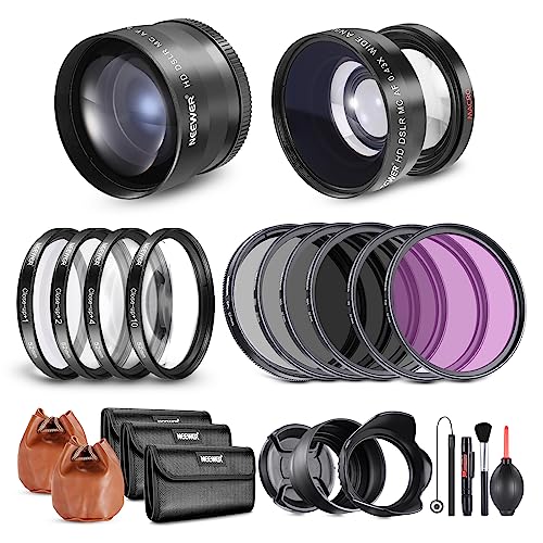NEEWER 52mm Objektiv und ND Filter Set Weitwinkel/2,2 Fach Teleobjektiv für 18mm 85mm APS C Objektiv, Nahfilter(+1+2+4+10) Makro/UV/CPL(Polfilter)/FLD