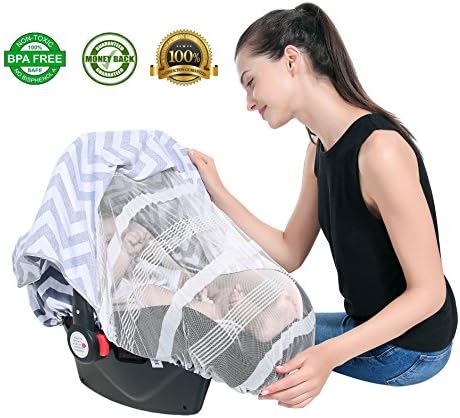 MoCuishle 2 in 1 Baby Car Seat Cover with Mosquito Insect Bug Netting Infant Carseat Canopy Nursing Cover Gift for Baby Girls Boys (Grey Vertical)