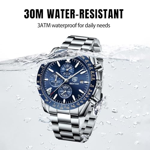 BENYAR by Men's Watch Chronograph Analogue Quartz Waterproof Date Large Dial Classic Fashion Business Watches Elegant Bracelet for Men