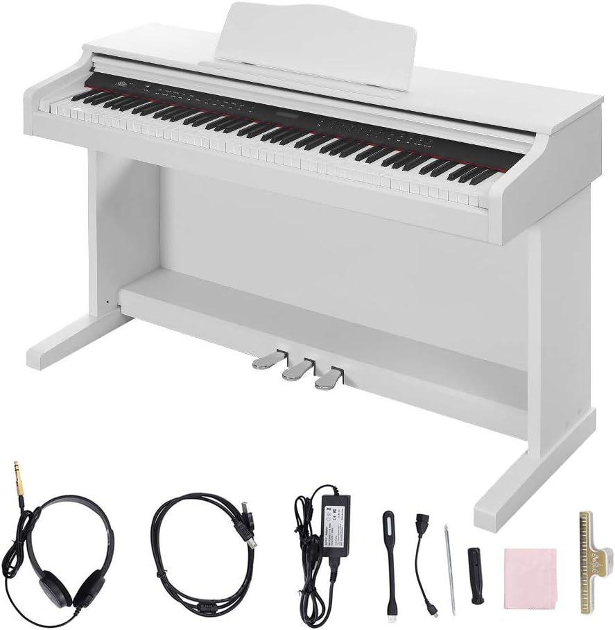 Digital Piano,Les Ailes de la Voix 88 Key Electric Piano Portable for Beginner Adults with 3 Pedal Board,Music Stand,Power Adapter, Headphone,Instruction Book White