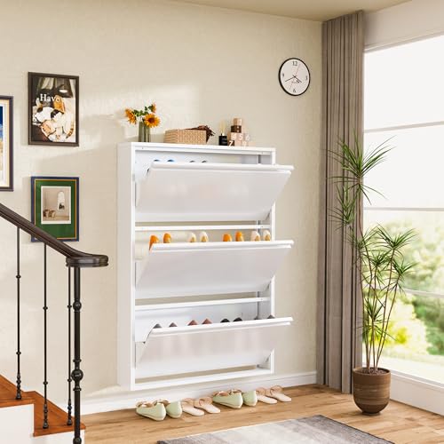 Shoe Cabinet Storage for Entryway, Narrow Shoe Storage Cabinet for Entryway Slim, White Metal Shoe Cabinet with 3 Flip Drawers, Wall Mounted