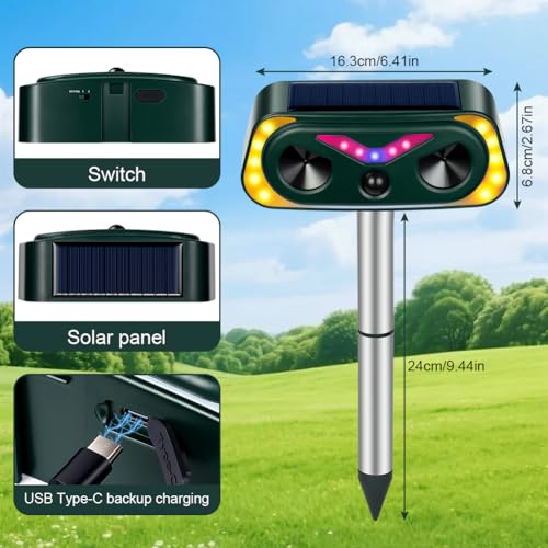 AYESY Ultrasónico Repelene de Animales, Repelente Gatos Solar con Luz LED Ahuyentador Gatos Perros Roedores, Resistente al Agua para Jardín Patio Granja Recargable Sensor Infrarrojo sin Dañar Animales