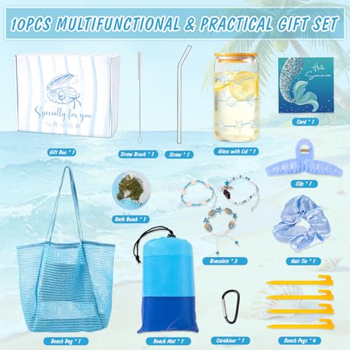 YYSWSAKY Regalo para Mujer, Pack Regalo Mujer Playa, Bolso de Playa Grande, Manta Impermeable 200x210cm, Vaso con Tapa y Pajita, Bola de Baño, Regalo de Cumpleaños para Mejor Amiga, Hermana