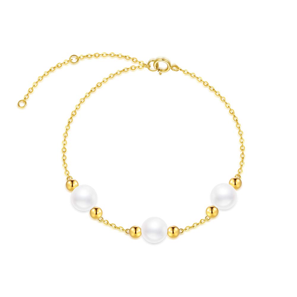 SISGEM Gold Pearl Bracelet, 9ct Solid Gold Bead Bracelet, 7.5mm Freshwater Cultured Pearl Charm Bracelet, for Women Her Ladies Mum Sister Friend