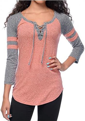 HN Women Autumn Winter Lace Up Splicing V-Neck Top Blouse,Women Autumn Winter Blouse (XL, Pink)