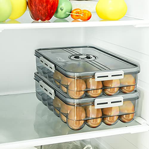 HANSGO Egg Holder for Refrigerator, Clear Egg Tray Storage Box with Lid Deepen and thicken Egg Storage Stackable PET Plastic Egg Containers Hold Up to 24 Eggs, Grey