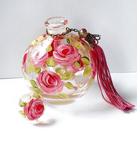Hand Painted Rose Large Round Empty Glass Perfume Bottle with Stopper Cap and Handmade Tassel