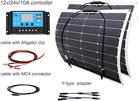 100w 18v Solar DIY Kits System 2x 50w Semi Flexible Solar Panel 10A 12v/24v USB Controller 3m MC4 Cable 3m Alligator Clip Cable Y Type for Boat Yacht Car RV
