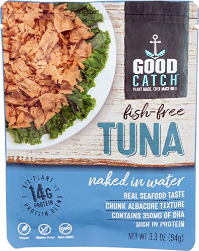 GOOD CATCH Fish Free Tuna, Naked in Water, 3.3 oz. Pouch (Pack Of 12) | Gluten Free Vegan Protein | Plant Based Protein with Omega 3 DHA | Free from Eggs, Animal & Fish Products | Dairy Free | Non GMO