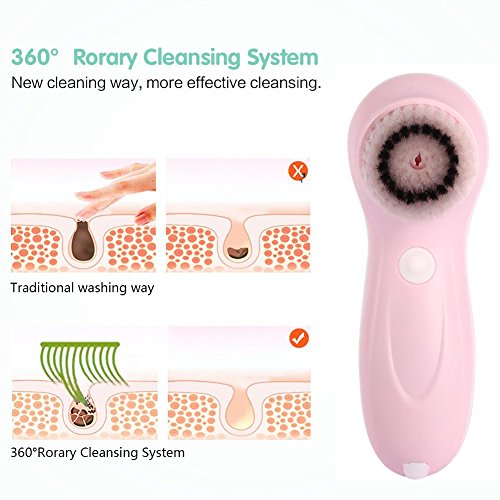 Facial Cleanser Brush, 3 in 1 Electric Rotating Facial Cleansing Brush USB Rechargeable Sonic Face Cleaners Scrubber SPA Skin Care Tool Beauty Instrument (Pink)