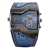 Avaner Fashion Men Military Sports Watch Dual Japanese Movement Two Time Zone Analog Display Quartz Blue Leather Band Wristwatch with Decorative Sub-dials