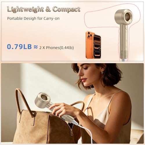 DORISILK Ionic Hair Dryer 110,000 RPM High Speed, Professional Blow Dryer for Salon Home Use, Blowout Hair Dryers Lightweight with Nozzle Hot/Warm/Cold Selection for Women Teen Girls, Champagne Gold
