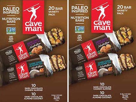 (2 Pack Total 40 Bar) Paleo Caveman Two Variety Pack 20 Bar 10ct Dark Chocolate Cashew Almond & 10ct Dark Chocolate Almond Coconut 1.4oz Each