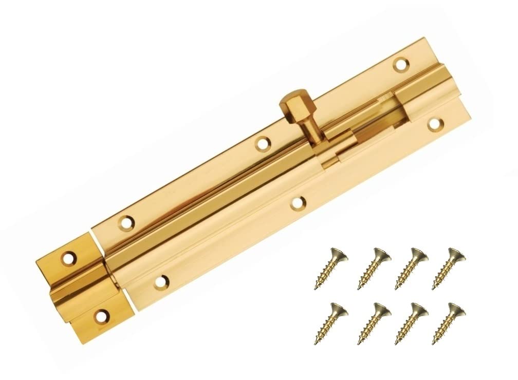 TERF Door Bolt Polished Brass Barrel Slide Lock 150mm [6''] Latch with Screws Ideal for Internal and External Doors Locks Bedroom Bathroom Toilet Shed Gate Cupboards Cabinets - 150mm, Gold