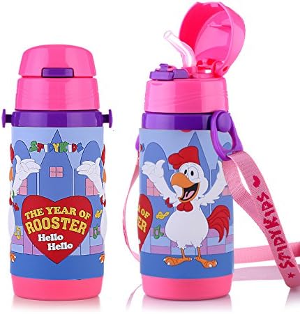 Vacuum Insulated Stainless Steel Water Bottle With Straw, 12-Ounce, Sports Water Bottle For Kids (Pink Rooster)