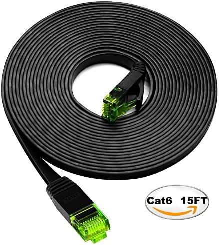 Cat6 Ethernet Cable 15ft Flat, iTLTL Network Cable Slim Internet Patch Lan Wire Pure Copper with Green Snagless RJ45 Connectors - 15 feet Black