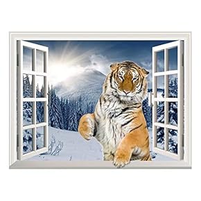 Removable Wall Sticker/Wall Mural - A Standing Tiger with a Paw on The Windowsill | Creative Window View Wall Decor - 24"x32"