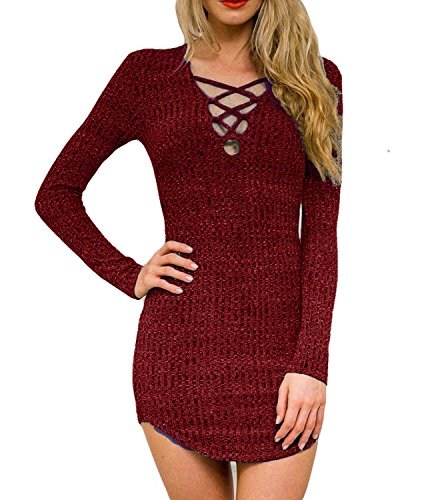 Dreagal Women's Plunge Neck Lattice Lace Up Bodycon Mini Dress Wine Red Large