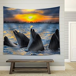 The Bottle-Nosed Dolphins in Sunset Light - Fabric Wall Tapestry Home Decor - 51x60 inches