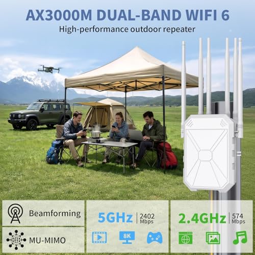 AX3000 Outdoor WiFi Repeater, Dual Band Up to 3000Mbps, Outdoor Access Point IP67 Waterproof with PoE, 6 High Gain Antennas, Long Distance WiFi Coverage for Garden Camper Garage