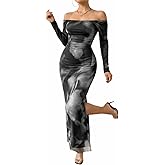 LIGHT DOT Women's Printed Off Shoulder Maxi Dress Long Sleeve Bodycon Ruched Mesh Cocktail Dress