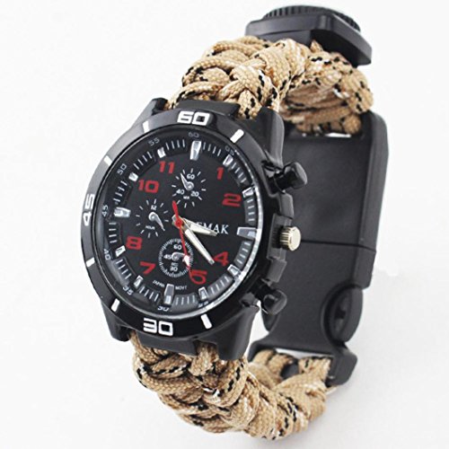 jiayit Umbrella Braided Multi-function Survival Watch Bracelet Compass Fire Starter Whistle New (Khaki) - Thumbnail 2