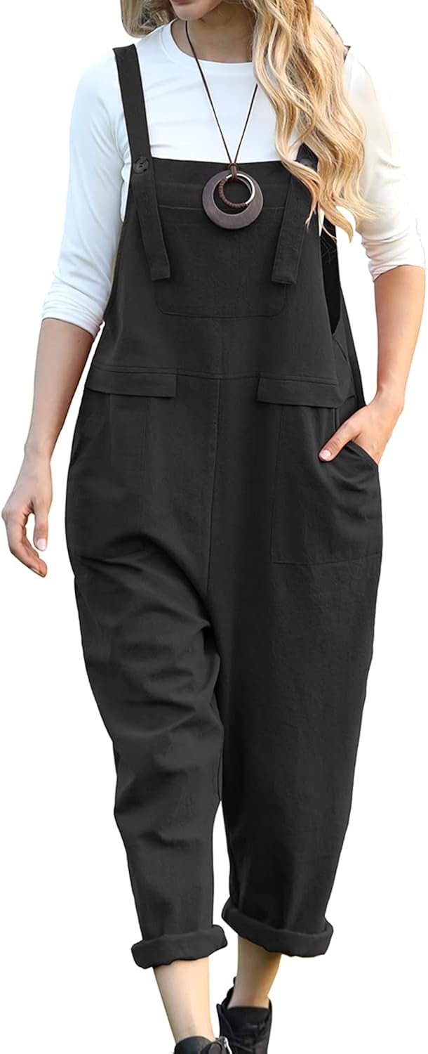 YESNO Women Long Casual Loose Bib Pants Overalls Baggy Rompers Jumpsuits with Pockets PV9: Clothing
