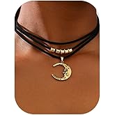 ZXYMHL Black Choker Necklace for Women Gothic Moon Necklaces Adjustable Layered Velvet Leather Lace Collar Necklace 90s Goth Jewelry