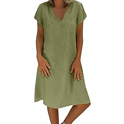 Women's Summer Cotton Linen Dress Loose V-Neck