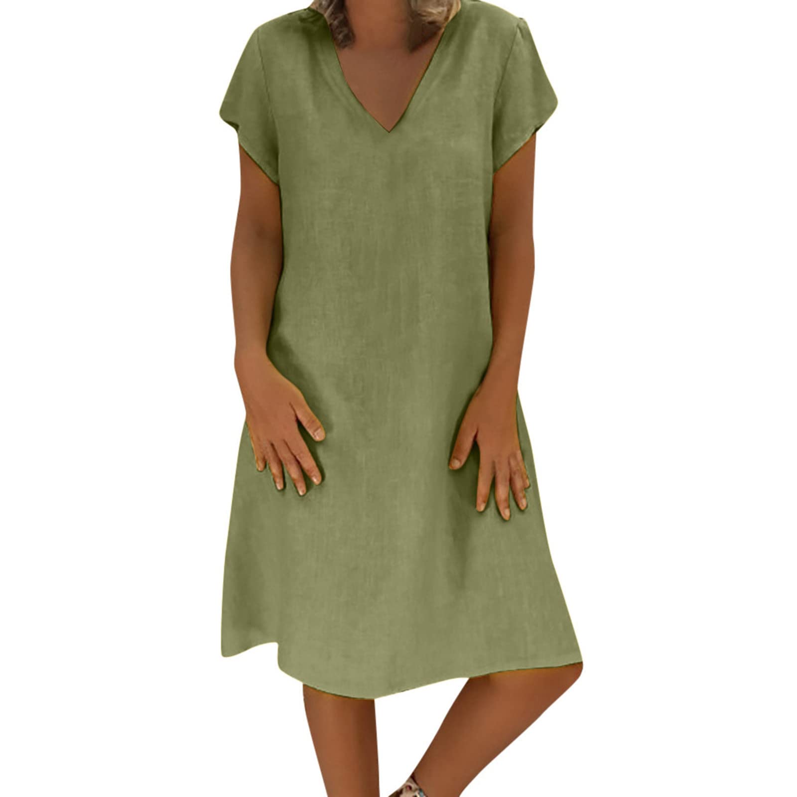 Women's Summer Cotton Linen Dress Loose V-Neck