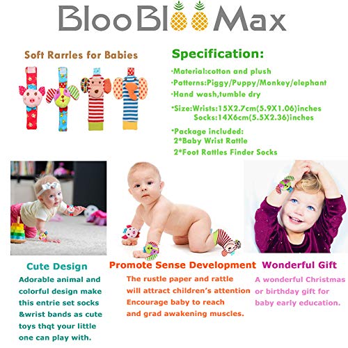 Bloobloomax Baby Soft Rattle, 4 Cute Animal Baby Infant Wrists Rattle and Foot Rattles Finders Socks Set Developmental Soft Toys for Newborn - Thumbnail 6