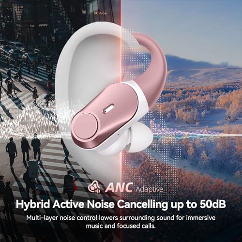 Active Noise Cancelling Ear Buds Wireless Earbuds 80H Playtime Bluetooth Headphones Over Ear Hooks Earphones with Power Display Case Hi-Res Stereo & Clear Calls for Sports Running Gym Workout Rouge