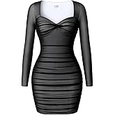 LAGSHIAN Women's Sexy Bodycon Mini Dress Square Neck Long Sleeve Mesh Ruched Party Short Dresses