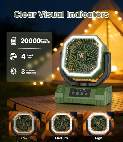 Portable Camping Fan with LED Light USB Rechargeable Fan 20000mAh - Battery Operated Silent Fan for Tent Travel Office Car - Mini Portable Fan with Hook and Base