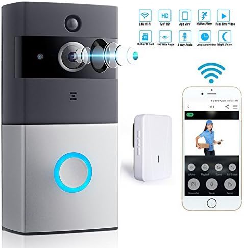 WiFi Video Doorbell With Indoor Chime Smart 720P HD Wireless Alarm system Security Camera with PIR Motion Detection Real-Time Two-Way Talk and Video 8G Memory Storage Inside App Control