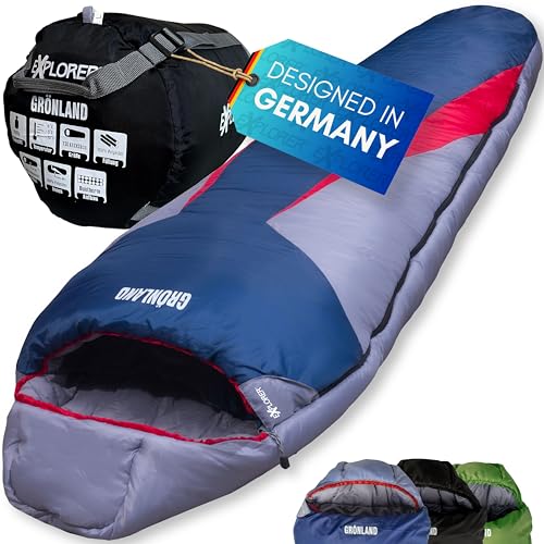 EXPLORER® GRÖNLAND Schlafsack -23°C -5°C [350GSM] 3-4 Jahreszeiten Winter Mumienschlafsack für Erwachsene[1900g] 230x82x55cm Zip Rechts Blau/Grau/Rot 
