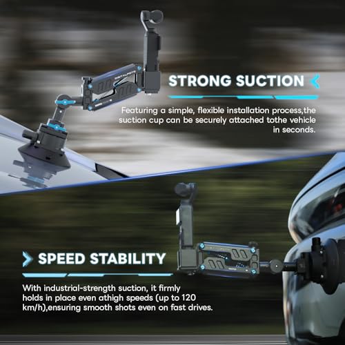 Osmo Pocket Car sucker Mount Blade Arm Sunction Cup Shock Vertical shock Absorbing Car Shooting With safety lock rope 40kg load-bearing Compatible with DJI Osmo Pocket/Gopro/360Action Camera