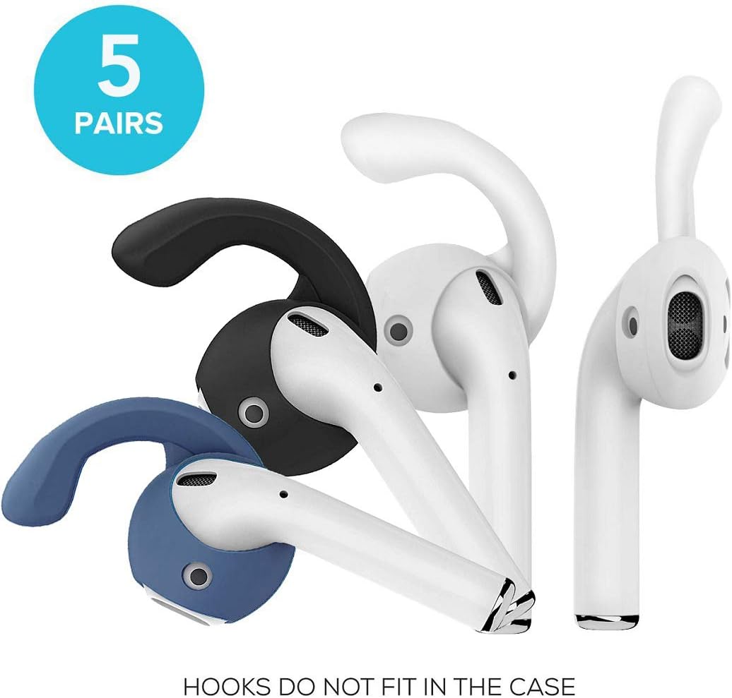 (5 Pack) G.P Ear Hooks and Covers Accessories Compatible with Apple AirPods 1 & AirPods 2 or EarPods Headphones/Earphones/Earbuds, New Version (2X White, 2X Black, 1x Blue)