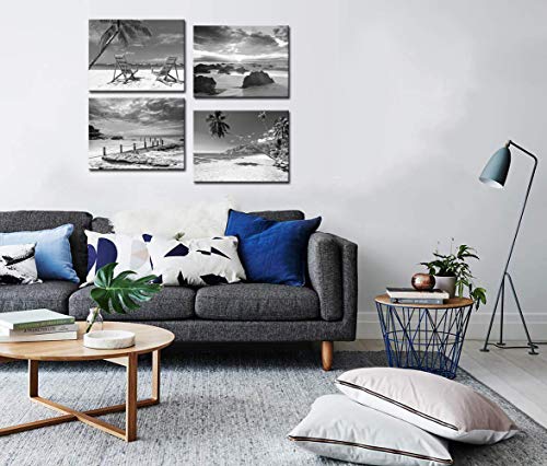 Nachic Wall Black and White Beach Wall Art 4 Piece Sea Sunrise Palm Tree Landscape Picture Painting on Canvas for Modern…