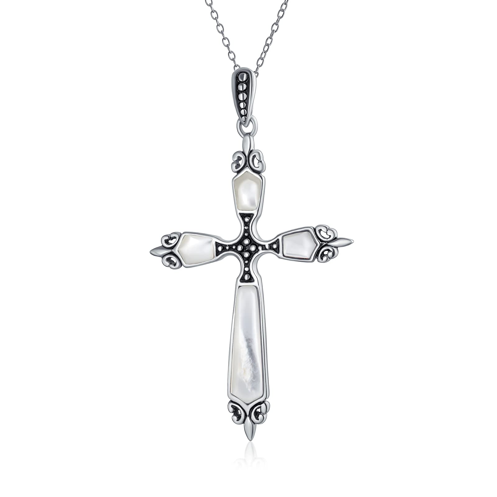 Bling Jewelry Vintage Western Style Spiritual Religious White Mother of Pearl MOP Fleur De Lis Cross Pendant Necklace For Women Teen Oxidized .925 Sterling Silver